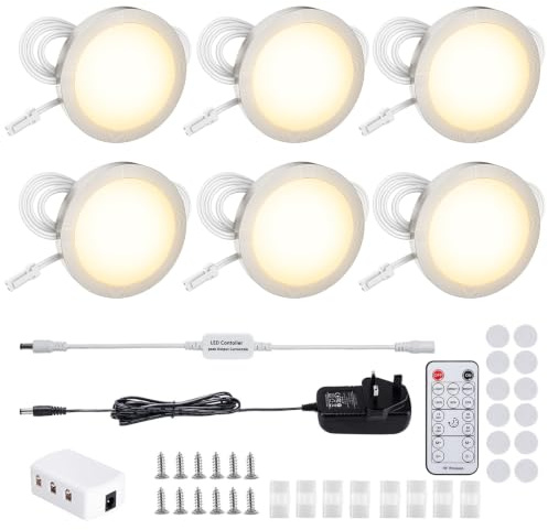 LABOREDUCER Unterbauleuchte Küche LED 6 Stück 12V mit Fernbedienung | Dimmbare LED Schrankbeleuchtung mit Stecker und Schalter, Vitrinenbeleuchtung für Küche, Vitrine, Regal und Möbel