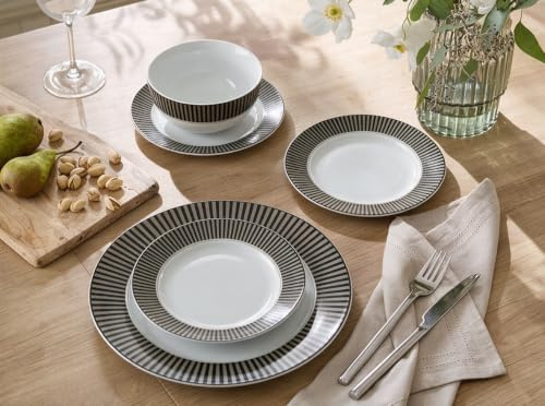 Waterside 12pc Black & Grey Stripe Porcelain Dinner Set