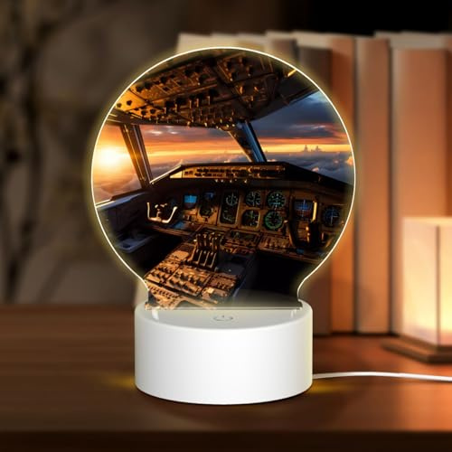 POEZJZW Rundes Acryl-Nachtlicht mit Flugzeug-Cockpit-Muster, mit USB-Kabel, verstellbar, 3 Farben, für Restaurant, Bar, Café