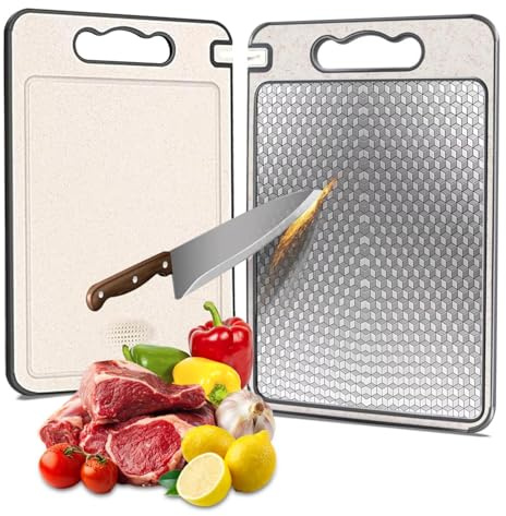 Tabla de cortar de acero inoxidable – Doble Cara Antibacteriana (Acero+PP) - patron diamante – Sin BPA,Grande y Duradera - cocina - descongela - Carne,Pescado,Verduras – Superficie de Corte 36 x 25 cm
