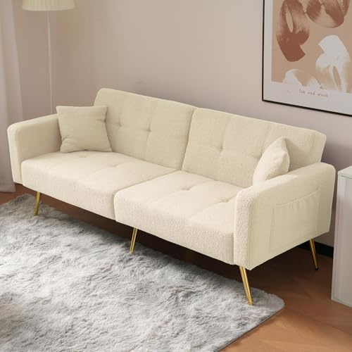 Kelodan Schlafsofa mit Bettfunktion, goldenen Beinen, verstellbarem Winkel, mit Kissen und seitlichen Aufbewahrungstaschen