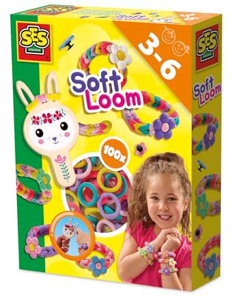 SES Creative - Soft Loom Armbänder - Bastelset für Kinder - Loom bänder Set - Armbänder selber Machen - Mit Praktisches Holz-Strickpüppchen - Ab 3 Jahre