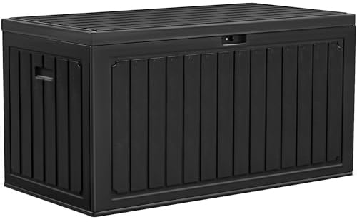 YITAHOME 303L Gartenbox Auflagenbox, HDPE Aufbewahrungsbox mit Schloss & Seitengriffen, Wetterfeste Sitzbank für Terrasse, Gartenmöbel, Kissen, Poolzubehör, Schwarz
