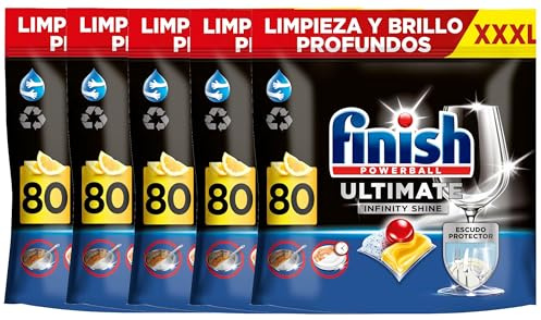 Finish Powerball Ultimate Infinity Shine Dishwasher Tablets with Grease Remover and Glass Protection, Lemon Scent, 400 Tablets (5 x 80 Tablets)