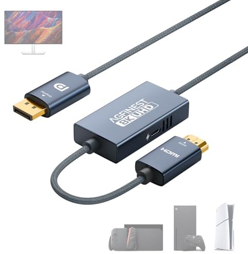 Active HDMI to DisplayPort Cable Adapter 2M, 8K@60Hz 4K@120Hz 2K@240Hz, Uni-Directional HDMI 2.1 Source to DP 1.4 Monitor with 5V/1A Power, HDR VRR 10Bit for PS5 Xbox Switch Dock PC Laptop