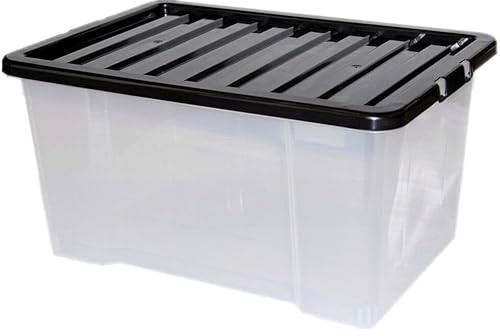 Easy Shopping® 80L 50L 32L Clear Plastic Storage Box with Black Lid, Strong Stackable Storage Container Box Home, Office, Kitchen, Made in U.K. (50 Litre)