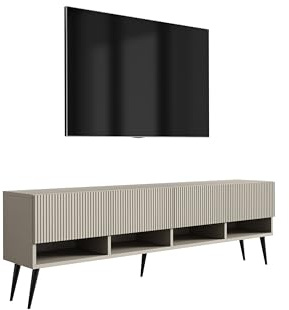 3E 3xE living.com TV-Schrank mit geriffelte Fronten, Kaschmir, Schwarze, schräge Beine, 170 × 32 × 52 cm