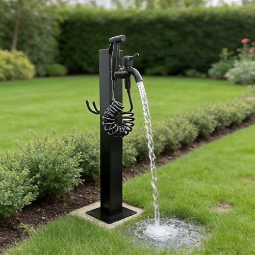 Edelstahl Wassersäule Garten mit Spritzpistole & Schlauchhalter, Bodenmontierter Wasserhahn, 2 Wassereinlässe, für Schulen, Gemüsegärten