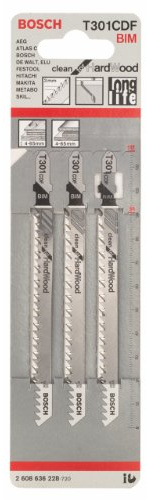 Bosch Accessories Professional 3 x Stichsägeblatt T 301 CDF Clean for Hard Wood (für hartes Holz, gerader Schnitt, Zubehör Stichsäge) 4 65 mm