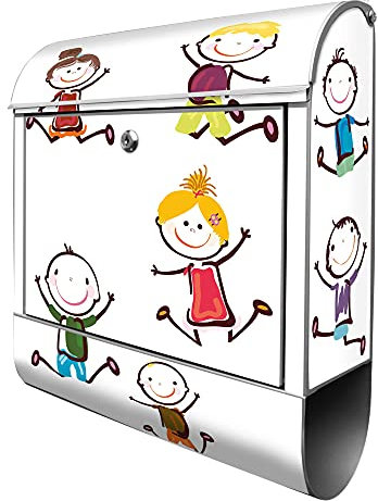 banjado® Design Briefkasten mit Happy Kids 38,5x46,5x13cm & 2 Schlüssel - Briefkasten Stahl Silber mit Zeitungsfach pulverbeschichtet - Postkasten A4 Einwurf inkl. Montagematerial