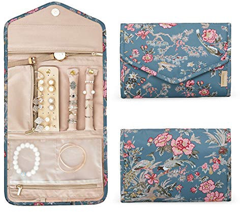 bagsmart Travel Jewellery Organiser, Foldable Jewelry Storage Roll for Journey-Rings, Necklaces, Bracelets, Earrings (Blue Flower Pattern)
