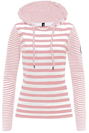 TrendiMax Sweat à Capuche Femme Manche Longue Sweat-Shirt Rayé Hoodie Femme Col Rond Cordon de Serrage Hiver, Rose, L