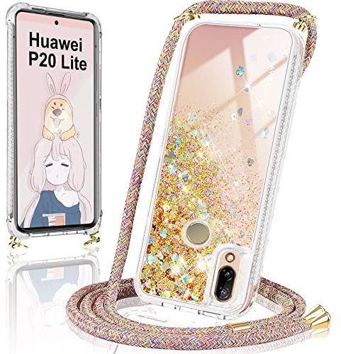 Handykette Handyhülle Case Flüssig Bewegende Treibsand Glitter mit Huawei P20 Lite Liquid Cover - Handy-Kette Handy Hülle mit Kordel Umhängen -Handy/Band Halsband Lanyard/Halsband Necklace - 5.84 Zoll