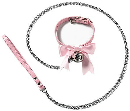 paloli Handmade Cosplay Choker Lolita Kitty Bell Collar with Strap Women Leather Choker Necklace (Pk leash)