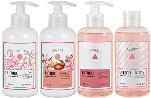 UMIDO 4er Geschenk-Set 250 ml Serie Mandelöl | 1x Bodylotion | 1x Duschgel | 1x Handlotion | 1x Flüssigseife | OHNE Parabene | Körperpflege Männer & Frauen