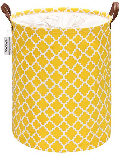 Sea Team Moroccan Lattice Pattern Laundry Hamper Canvas Fabric Laundry Basket Collapsible Storage Bin with PU Leather Handles and Drawstring Closure, 19.7 by 15.7 inches, Waterproof Inner, Yellow