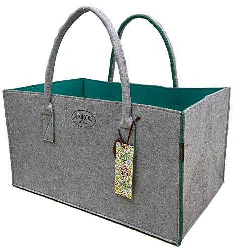RAIKOU NEU Filztasche Shopper Holzkorb Einkaufstasche Henkeltasche Zeitungskorb Stabile Kaminholztasche Zeitungsständer auch für Spielzeug Garten Picknick Strand (Grau/Seegrün,50 * 34 * 27cm)
