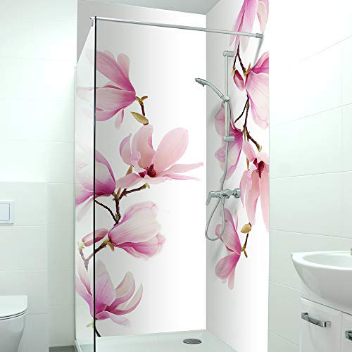 DRUCK-EXPERT Premium Duschrückwand 0,4 mm selbstklebendes Hart-PVC, Größe:2 x B 103 x H 240 cm Hochformat, Muster:Magnolien Zweig