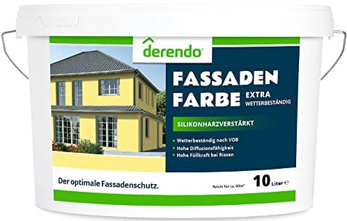 derendo Fassadenfarbe gelb 10l mit EXTRA hohem Wetterschutz, matte silikonharzverstärkte Fassaden Farbe, hohe Deckkraft und gute Füllkraft bei kleinen Rissen (Cremegelb 7-22)