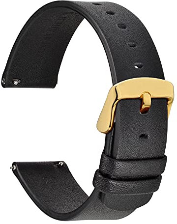 WOCCI 22mm Dünne Flache Leder Uhrenarmband für Smartwatch mit Goldener Schnalle (Schwarz)