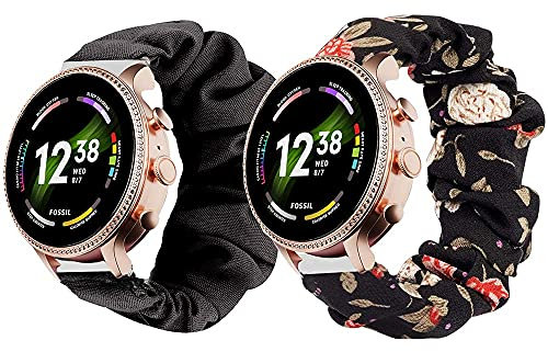 SkyBand En Tissu Chouchou élastique Classique Bracelet De Remplacement Compatible pour Montres connectées Fossil Gen 6 42mm/ 44mm (Noir + Fleurs Noires, 42mm)