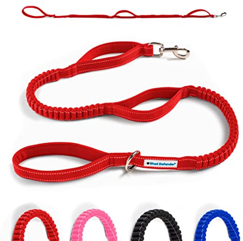 Shed Defender Shock Absorbing Bungee Leash - Three Padded Traffic Handles, Designed in The USA, Stretches 4-7ft, Elastic Dog Leash, Reflective Stitching, Large Dog & Small Breed, Heavy Duty, Red