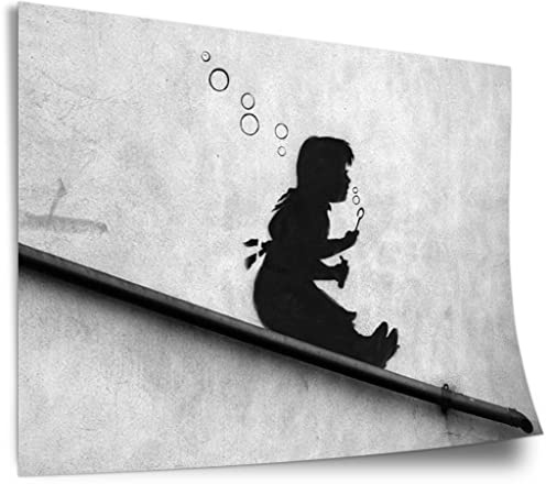 Poster aus Baumwolle Banksy - Mädchen Seifenblasen rutscht Gelände runter Wand-Graffiti cool stylisch Kunstdruck ohne Rahmen, Wandbild - A4, A3, A2, A1, A0, XXL - Wohnzimmer, Schlafzimmer, Küche, D..