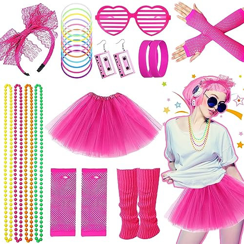 Déguisement des années 80 pour femmes et filles, ensemble d'accessoires de costume de fête des années 1980, tutu rose rouge, jambières, gants, résille, bandeau, tenue rétro pour fête des années 80