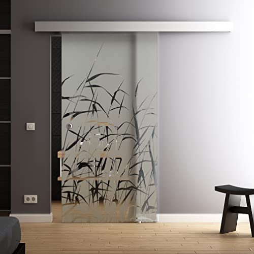 Glas-Schiebetür 900x2050 mm Schilf Gräser Sadora Slimline-System komplett Laufschiene und Muschelgriffen Schiebetür aus Glas für Innenbereich