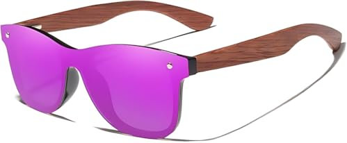 KINGSEVEN Holz Sonnenbrille für Herren und Damen I Unisex Polarisierte Sonnenbrille mit Holzbügeln aus Walnuss I UV400-Schutz I Modische Rahmenlose Spiegelgläser I Lila Violet