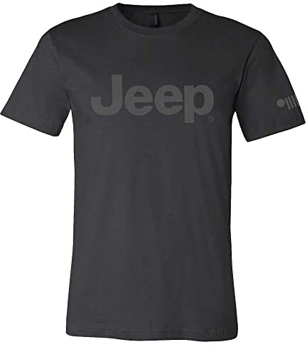 Jeep Camiseta opaca con logotipo de texto premium, camiseta negra con serigrafía gris carbón en el pecho, logotipo de rejilla de 7 ranuras en la manga, Negro/Gris Carbón, 4X-Large