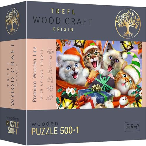 Trefl - Holzpuzzle: Weihnachtskätzchen - 500+1 Teile, Wood Craft, Holzbastelei, unregelmäßige Formen, 50 Weihnachtsfiguren, modernes Premium-Puzzle, DIY, Spaß für Erwachsene, holzpuzzle Erwachsene