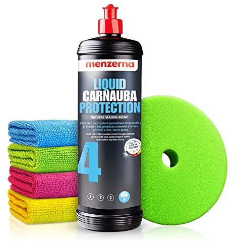 Autopolitur Set: Menzerna Liquid Carnauba Protection Wachs-Versiegelung (1L) - Schütz langanhaltend & erzeugt eine glatte Oberfläche - Auto polieren, Politur, Glanz, Exzenter, Rotation | 6-teilig