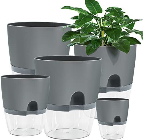 Muzhira Blumentopf Plastik, 5 stücke 15.3cm/10.5cm/8.2cm Kräutertopf mit Selbstbewässerung und Wasserspeicher, Moderne Pflanztopf für Zimmerpflanzen, Blumen und Kräuter - Grau
