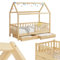 Juskys Kinderbett Marli 90 x 200 cm mit Bettkasten 2-teilig, Rausfallschutz, Lattenrost & Dach - Massivholz Hausbett für Kinder - Bett in Natur