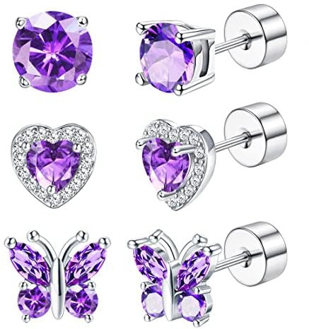 JeryWe 3Pairs 925 Sterling Silver Birthstone Earrings Flat Back for Women Girls Multicolor CZ Heart Butterfly Birthstone Hypoallergenic Stud Earrings for Birthday Gift Birthstone Jewellery(February)
