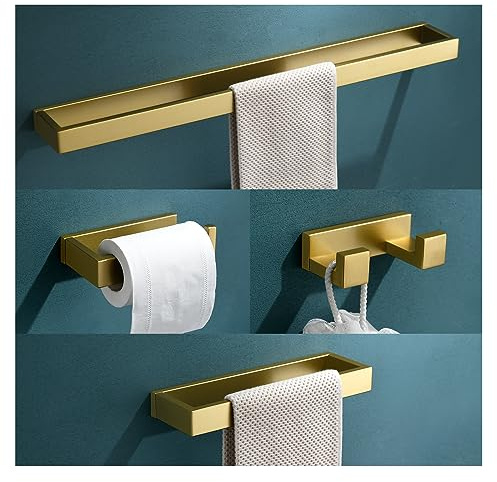 TNOMS 4-teiliges modernes goldfarbenes Badezimmer-Zubehör-Set – Handtuchstange & Halter, Edelstahl, Wandmontage, 59 cm