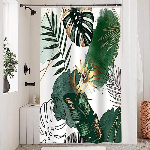 Uiiooazy Duschvorhang Grün, Duschvorhang 120x200cm Dschungel Tropisch Palmenblätter Abstrakt Monstera Duschvorhänge Anti Schimmel Stoff Waschbar Wasserdicht Bad Vorhang mit 8 Haken für Badezimmer