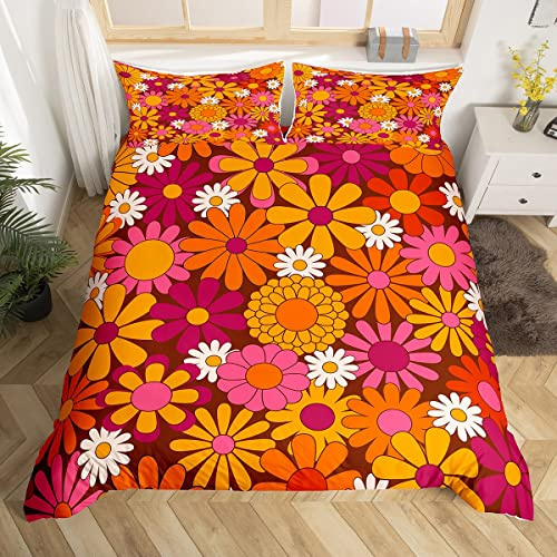 Groovy Bettwäsche-Set für Doppelbetten im 60er- und 70er-Jahre-Stil, Retro, Hippie-Blume, Bettdeckenbezug-Set für Jungen, Teenager, Vintage, Boho, Pflanze, Blumenmuster, Bettbezug, botanische Blüte,