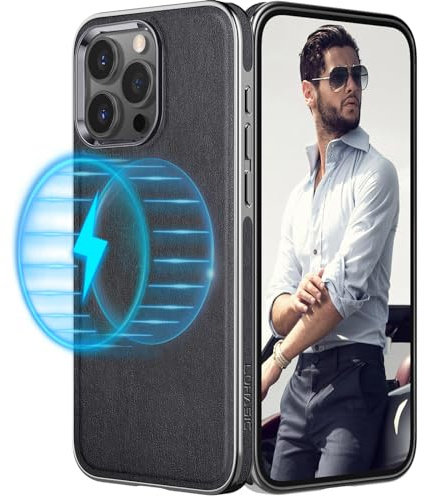 LOHASIC for iPhone 15 Pro Max Case Leather, MagSafe Magnetic Case, Grey | Plated Edges, Drop Protection, Raised Screen Camera Edges, Anti-Slip Grip, Elegant Finish