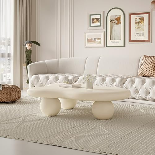 Unregelmäßiger Couchtisch in Wolkenform, moderner Holz-Beistelltisch 39 × 27 in Creme, einfacher Stil für Wohnzimmer, Schlafzimmer – 3 Kugelbeine – L 100 cm x B 69 cm x H 30 cm