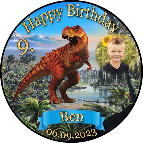 Tortenaufleger Fototorte Geburtstag Dino der Dinosaurier DINO03 (Zuckerpapier) Rund 20 cm Ø mit Foto