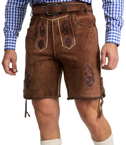 STEIGENHÖFER Vintage Trachten Lederhose für Herren im Antik-Look mit passendem Gürtel, echtes Premium Ziegenleder, Gr. 46-62, Farbe: Antik Braun, Größe: 62