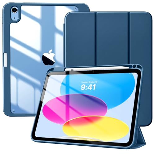 TiMOVO Case for iPad A16 11th Gen 11/10th Gen 10.9, Dark Sea Blue | Pencil Holder, Slim Trifold Stand Protective Cover, Clear Transparent Back Shell, Auto Wake/Sleep