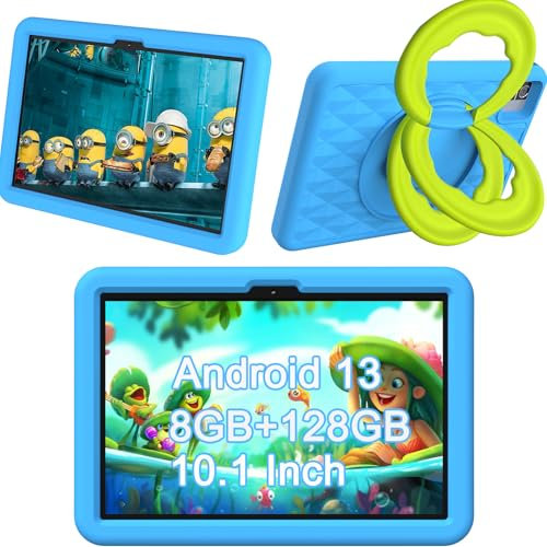 HEMUYT Tableta Niños Android 13 de 10 Pulgadas, 8GORAM+128GOROM,Tablet Táctil Quad Core con WiFi,Tablet Educativa Netflix con Batería de 6000mAh, Control Parental, Funda EVA Antichoque (Azul)