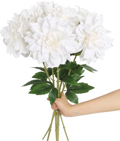 INSUNSIX Künstliche Dahlie, künstliche Blumen, 60 cm, künstliche Seidenblumen mit Stielen für Hochzeit, Party, Heimdekoration, Weiß, 6 Stück