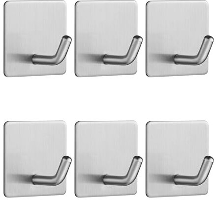 TTCUDADN Self Adhesive Hooks for Hanging Coat Towel Key, Stainless Steel Hooks Stick on Wall Door, Super Strong and Sticky Holder for Bathroom Shower Kitchen Bedroom, Silver - 6 Pack