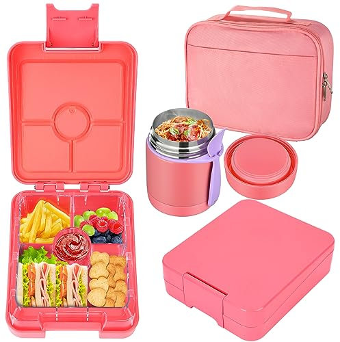Kinder Brotdose Set mit 300ml Thermobehälter für Essen,Auslaufsicher Bento Kinder Brotdose mit Fächern, Isolierte Lunchtasche,BPA-Freie Lunchbox Bento Box Kinder, Schule, Ausflüge, Rosa