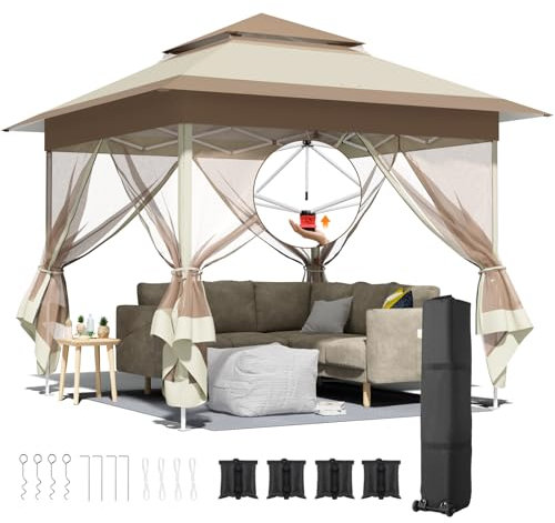 Tonnelle Pliante 3,3 x 3,3 m imperméable,avec 4 Toiles Moustiquaires, One Push Tonnelle de Jardin,Tente de fête à Double Toit, 4 Sacs de Sable, pour terrasse/marché/Camping/Plage, Marron Kaki