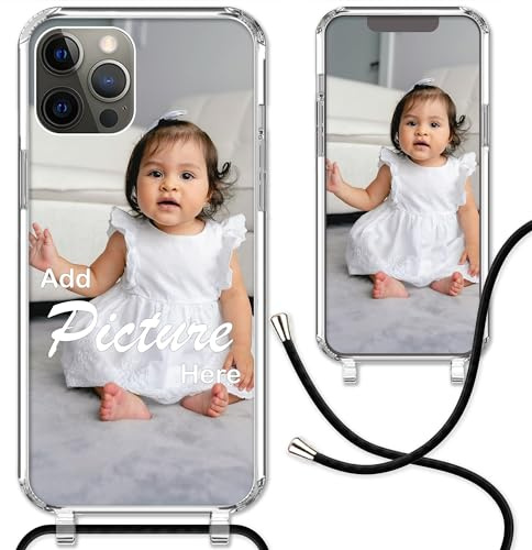 CoverHeld Handyhülle kompatibel mit iPhone 12 Pro Max mit schwarzem Band selbst gestalten - Silikon Hülle mit Band personaliseren - Dein Design/Bild - Handykette Kordel Band in Schwarz
